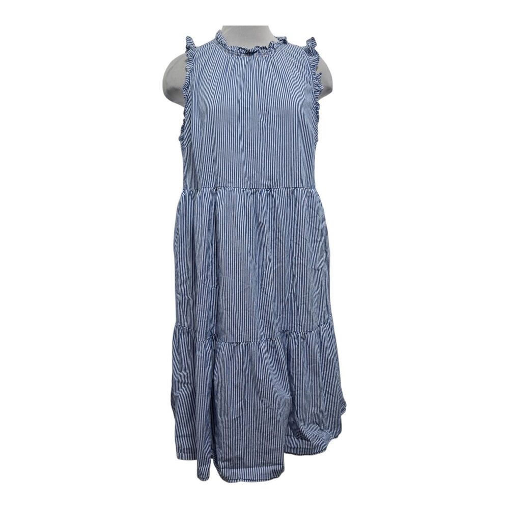 J.Crew Tiered Flounce Boho Seersucker Summer  Stripe Midi Dress Sz 18 Blue White